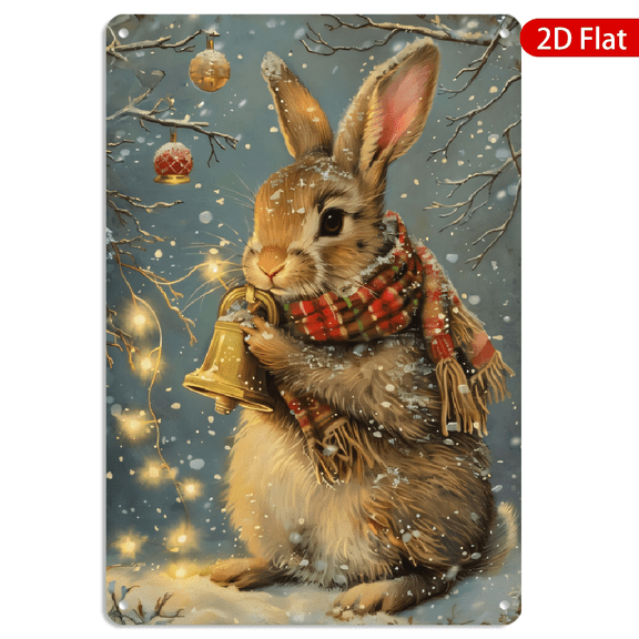 8x12 Inch Metal Wall Art, Fluffy Rabbit with Christmas Scarf Winter Scene Design, Decorative Rectangular Sign for Holiday Home Wall Decor 1pc