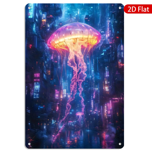 8x12 Inch Metal Wall Art, Futuristic Cyberpunk City with Bioluminescent Jellyfish Design, Rectangular Wall Decor for Home Office 1pc