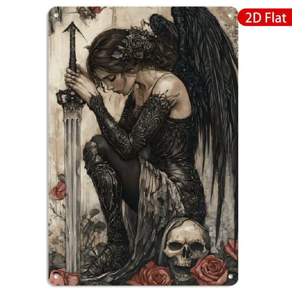 8x12 Inch Metal Wall Art, Gothic Winged Angel with Sword and Roses Design, Rectangular Iron Wall Decor, 1pc for Home Office Bedroom