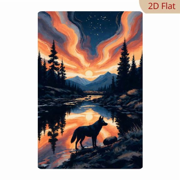 8x12 Inch Metal Wall Art, Majestic Wolf Standing by River at Sunset Mountain Landscape Design 1pc for Home Living Room Bedroom Cabin Wall Decor