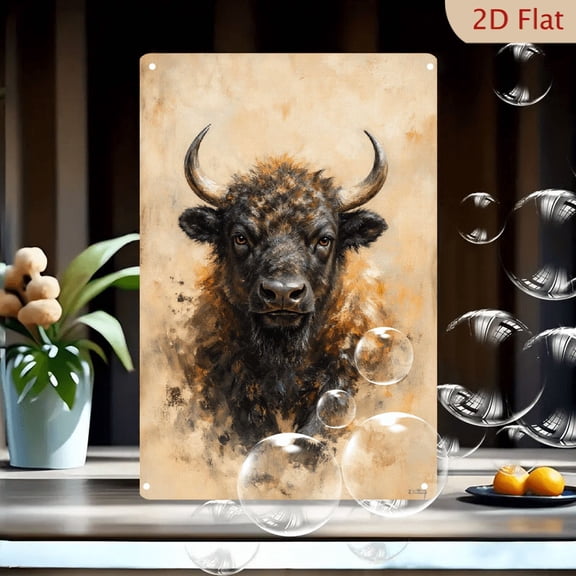 8x12 Inch Metal Wall Art, Painterly Bison Portrait with Expressive Textured Style, Dark Brown Fur and Curved Horns on Abstract Ochre Background, Modern Rustic Decor for Living Room