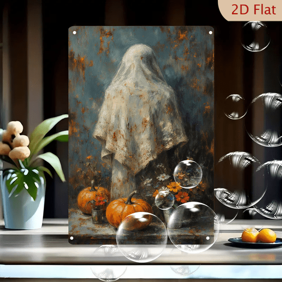 8x12 Inch Metal Wall Art, Painterly Ghost Still Life with Pumpkins and Wildflowers, Rustic Halloween Decor on Weathered Stone Ledge, Dark Blue Textured Background, Vintage Oil Painting Style