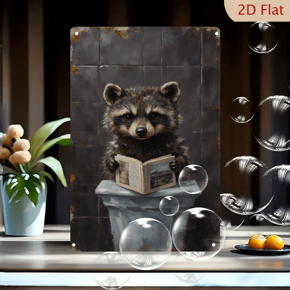8x12 Inch Metal Wall Art, Realistic Raccoon Reading Book on Pedestal, Grungy Tile Background, Whimsical Realistic Style Metal Sign, Indoor Outdoor Home Porch Garden Garage Decor, Decorative Wall