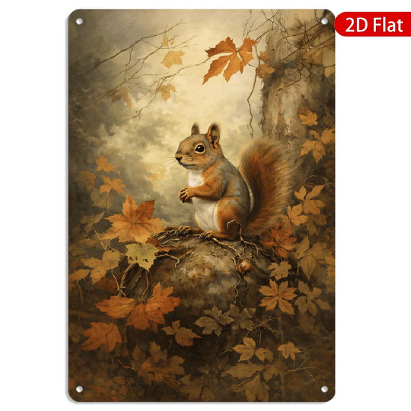 8x12 Inch Metal Wall Art Rectangular Autumn Forest Squirrel Painting Rustic Fall Woodland Decor Tin Metal 1pc for Home Living Room Kitchen