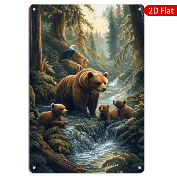 8x12 Inch Metal Wall Art Rectangular Bear And Cubs Forest Stream Wildlife Vintage Rustic Woodland Decor 1pc for Home Cabin Living Room