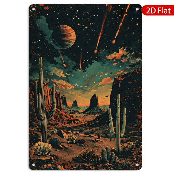 8x12 Inch Metal Wall Art Rectangular Desert and Cosmic Dreamscape Tin Look Saguaro Cactus Jupiter Planet Comet Meteor Decor 1pc for Home Kitchen Living Room