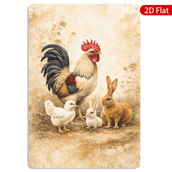 8x12 Inch Metal Wall Art Rectangular Vintage Farm Animals Rooster Chick Rabbit Earthy Sepia Decor 1pc for Home Kitchen Living Room