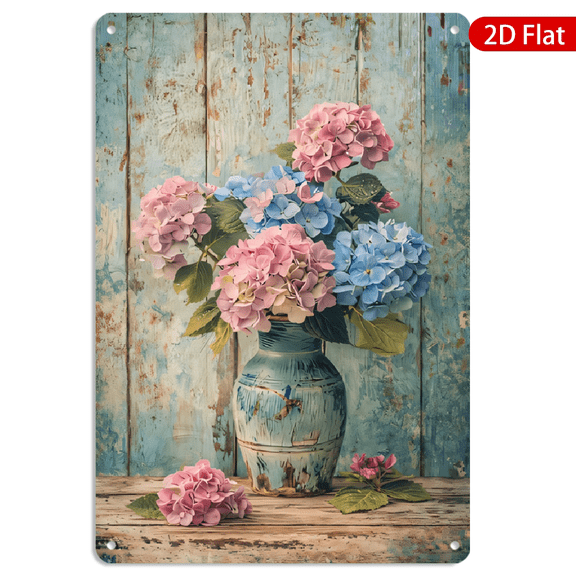 8x12 Inch Metal Wall Art Rectangular Vintage Floral Hydrangea Sign in Weathered Turquoise Ceramic Vase Romantic Shabby Chic Wall Decor 1pc for Home Kitchen Living Room