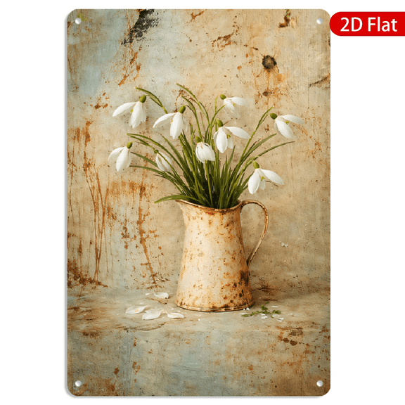 8x12 Inch Metal Wall Art Rectangular Vintage Floral Snowdrop Bouquet in Rusty Pitcher Green Stems Tin Metal Decor 1pc for Home Living Room Kitchen