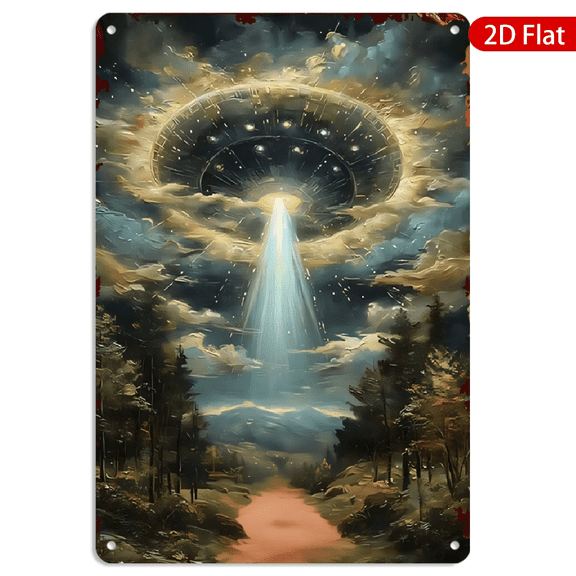 8x12 Inch Metal Wall Art Rectangular Vintage UFO Beam Over Forest Dirt Path Autumn Landscape Decor 1pc for Home Living Room Kitchen