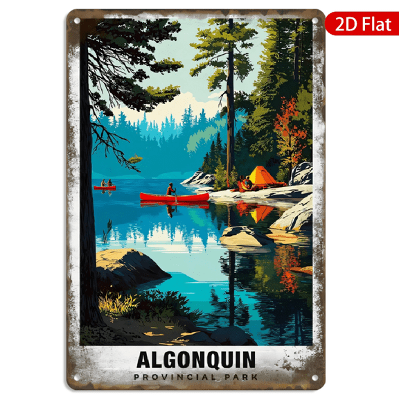8x12 Inch Metal Wall Art, Retro Algonquin Provincial Park Canoe Camping Scene Vintage Travel Poster Decor, Rectangular Tin Plaque for Cabin Lodge Outdoor Themed Room