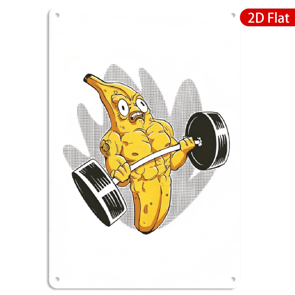 8x12 Inch Metal Wall Art, Retro Comic Banana Lifting Barbell Cartoon Muscle Decor Tin Style, Rectangular 1pc for Home Garage Kitchen Living Room