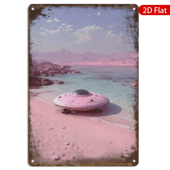 8x12 Inch Metal Wall Art, Retro Futuristic UFO Landscape with Pastel Pink Aesthetic Decor, Rectangular Vintage Style Wall Sign for Home Bedroom Living Room 1pc