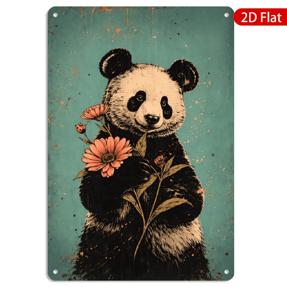 8x12 Inch Metal Wall Art, Retro Panda Bear Holding Flower Bouquet Distressed Teal Background, Tin Metal Rectangular Decor Wall Hanging 1pc for Home Living Room Bedroom
