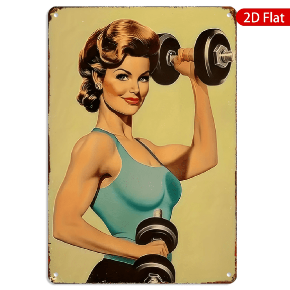 8x12 Inch Metal Wall Art, Retro Pin Up Girl Lifting Weights Design Vintage Aesthetic Decor, Durable Iron Sign 1pc for Home Gym Garage Fitness Room Wall Decoration