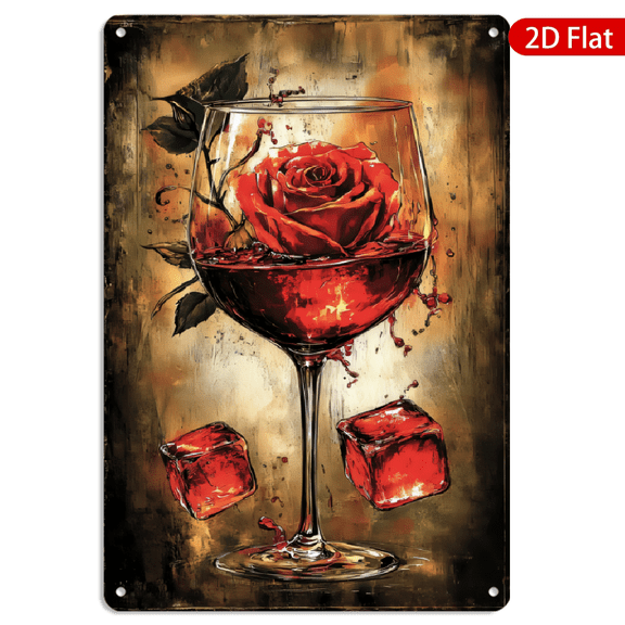 8x12 Inch Metal Wall Art, Romantic Red Rose in Wine Glass Vintage Decor, Durable Iron Sign 1pc for Home Bar Kitchen Wall Decoration