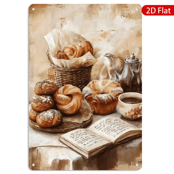 8x12 Inch Metal Wall Art, Rustic Bakery Still Life with Pastries and Tea Design, Decorative Metal Sign for Kitchen Coffee Bar Wall Decor 1pc
