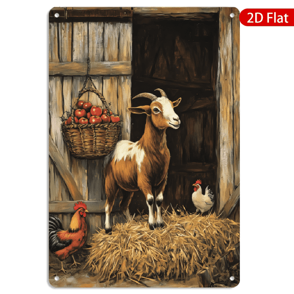 8x12 Inch Metal Wall Art, Rustic Farmhouse Barn Scene with Goat and Rooster Vintage Decor 1pc for Kitchen Home Wall Decoration