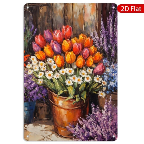 8x12 Inch Metal Wall Art, Rustic Floral Bucket Painting Vintage Garden Decor for Kitchen Farmhouse Wall 1pc