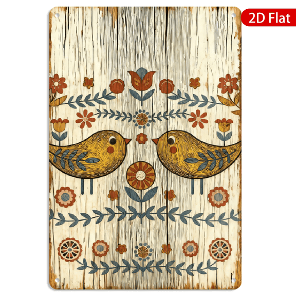 8x12 Inch Metal Wall Art, Rustic Folk Art Birds and Floral Pattern on Distressed Wood Grain Background, Decorative Hanging Sign for Home Kitchen Living Room 1pc