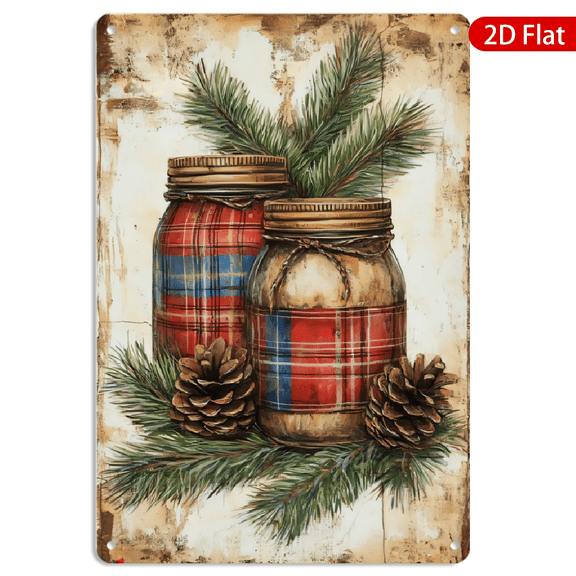 8x12 Inch Metal Wall Art, Rustic Mason Jar Decoration with Plaid Fabric and Pine Branches Design, Vintage Style Wall Decor for Holiday Home Living Room 1pc