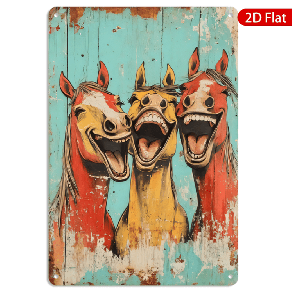 8x12 Inch Metal Wall Art, Rustic Three Laughing Horses Design Vintage Distressed Decorative Sign for Farmhouse Home Kitchen Decor 1pc