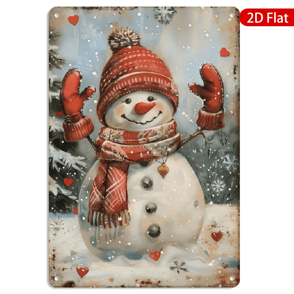 8x12 Inch Metal Wall Art, Rustic Winter Snowman with Red Scarf and Hearts Vintage Style Decorative Sign, Durable Metal Wall Decor for Christmas Holiday Home Living Room 1pc