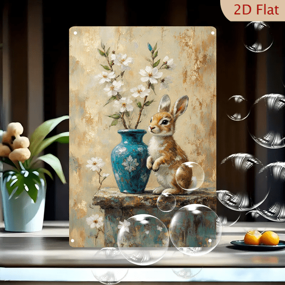 8x12 Inch Metal Wall Art, Soft Painterly Rabbit on Stone Ledge with Turquoise Vase and White Blossoms, Vintage Beige Background, Rustic Farmhouse Decor for Living Room