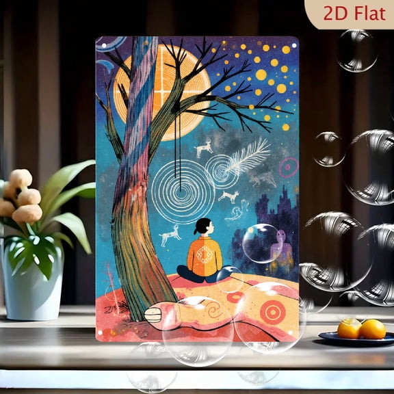 8x12 Inch Metal Wall Art, Surreal Night Scene with Seated Figure, Gnarled Tree, Floating Deer and Feather, Hypnotic Spiral, City Skyline, Vibrant Orange Blue Yellow Painting for Home Decor