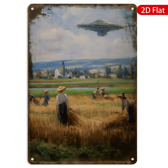 8x12 Inch Metal Wall Art, Surreal Rural Landscape with UFO Painting Decor, Vintage Style Farm Harvest Scene, Weathered Texture Metal Sign 1pc for Home Office Wall Decoration