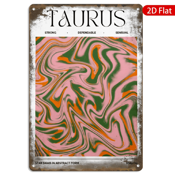 8x12 Inch Metal Wall Art, Taurus Zodiac Sign Abstract Marbled Print Vintage Aesthetic Decorative Sign, Distressed Texture Metal Poster 1pc for Home Office Wall Decor
