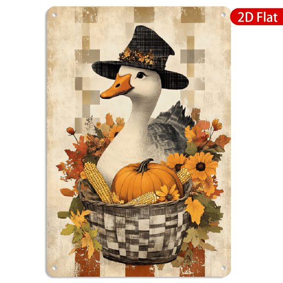 8x12 Inch Metal Wall Art, Thanksgiving Pilgrim Duck Harvest Decor with Pumpkin and Sunflowers, Vintage Rustic Sign for Home Kitchen 1pc