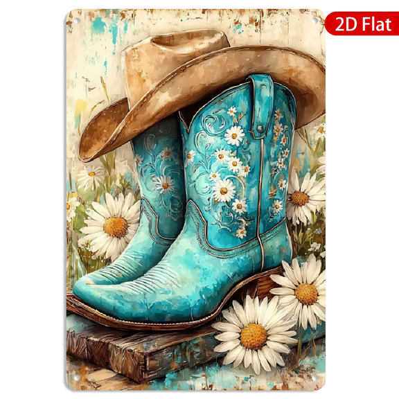 8x12 Inch Metal Wall Art, Turquoise Cowboy Boots and Daisy Floral Design Rustic Decor 1pc for Home Farmhouse Living Room