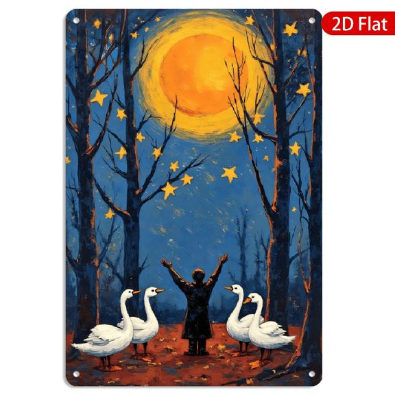 8x12 Inch Metal Wall Art, Van Gogh Style Starry Night Forest Scene with Swans Decor 1pc for Home Living Room Bedroom Wall Decoration