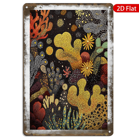 8x12 Inch Metal Wall Art, Vibrant Abstract Dot Painting with Organic Floral and Coral Patterns, Rustic Weathered Texture Decorative Sign for Home Living Room Bedroom 1pc