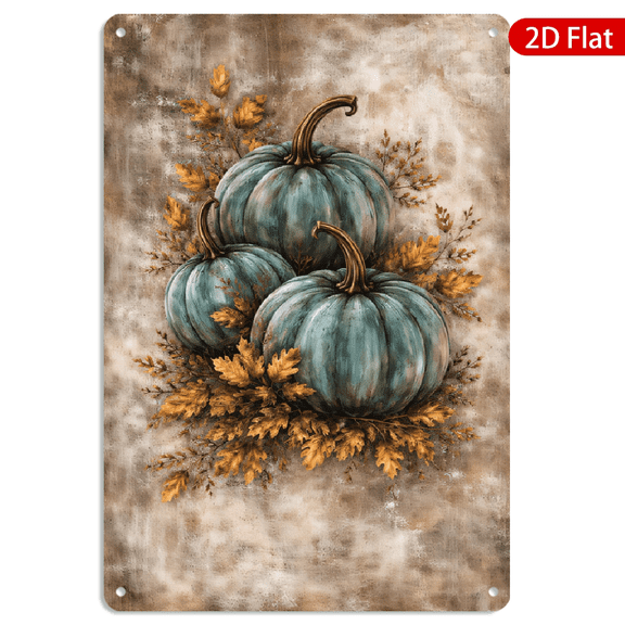 8x12 Inch Metal Wall Art, Vintage Autumn Pumpkin Trio with Leaves Painterly Rectangular Tin Metal Decor 1pc for Home Kitchen Living Room