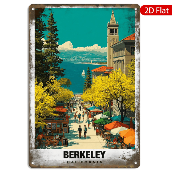 8x12 Inch Metal Wall Art, Vintage Berkeley California Travel Poster Featuring Clock Tower and Bay View Retro Decor 1pc for Home Office Living Room Wall Decoration