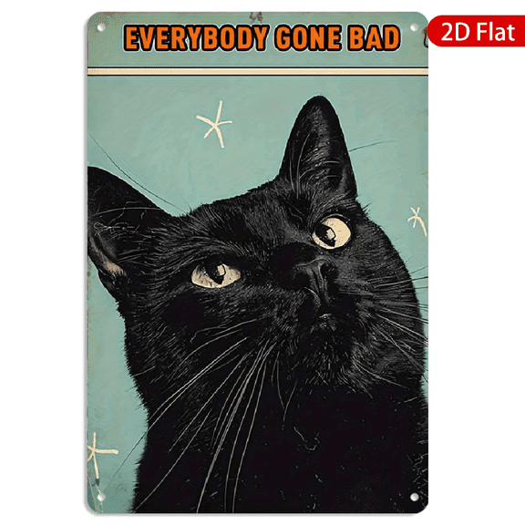 8x12 Inch Metal Wall Art, Vintage Black Cat Retro Quote Design Tin Color Rectangular Decorative Sign, Teal Star Background Home Wall Decor 1pc