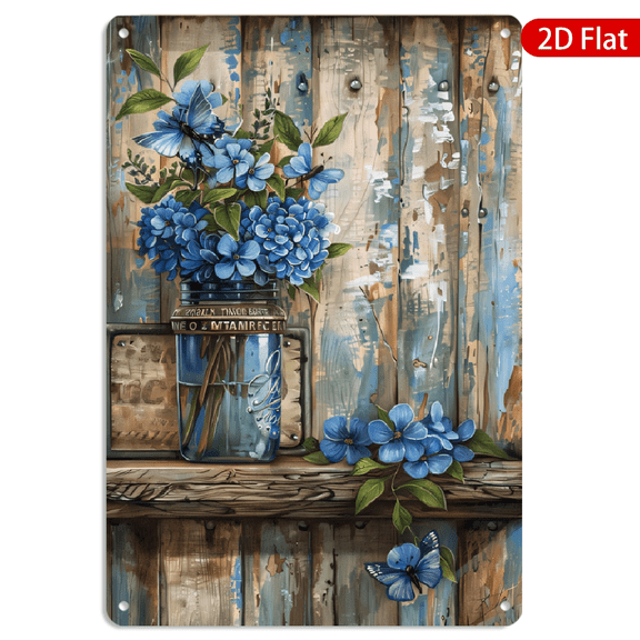 8x12 Inch Metal Wall Art, Vintage Blue Hydrangea Flower Mason Jar Rustic Decor, Rectangular Tin Sign 1pc for Home Kitchen Wall Decoration