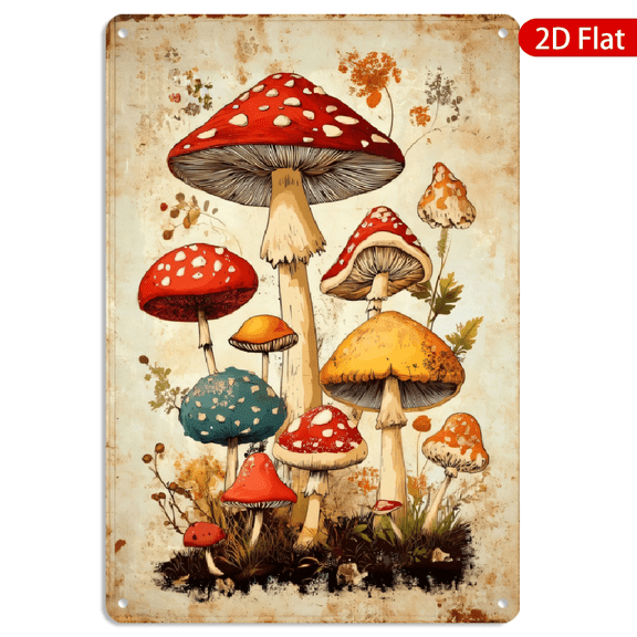 8x12 Inch Metal Wall Art, Vintage Botanical Mushroom Illustration Decor, Rustic Nature Themed Wall Hanging for Home Kitchen Office 1pc