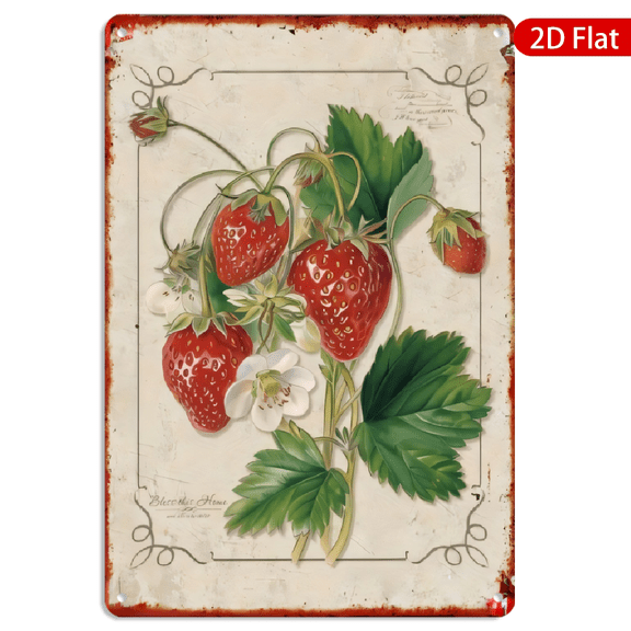 8x12 Inch Metal Wall Art, Vintage Botanical Strawberry Illustration with Parchment Aesthetic, Rectangular Decorative Sign for Kitchen Dining Room and Garden 1pc