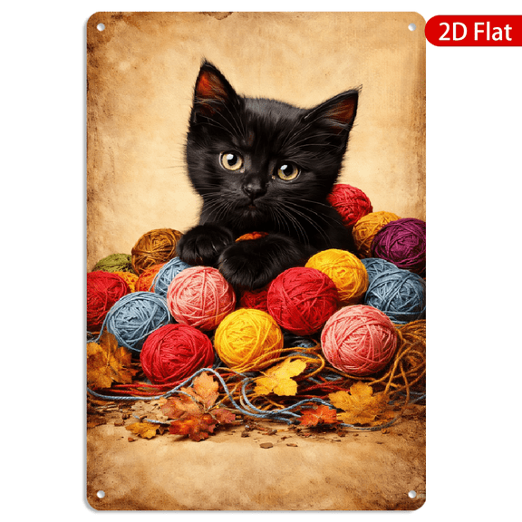 8x12 Inch Metal Wall Art, Vintage Cat and Yarn Ball Rectangle Rustic Autumn Leaves Decor Tin Metal Wall Hanging 1pc for Home Living Room Bedroom