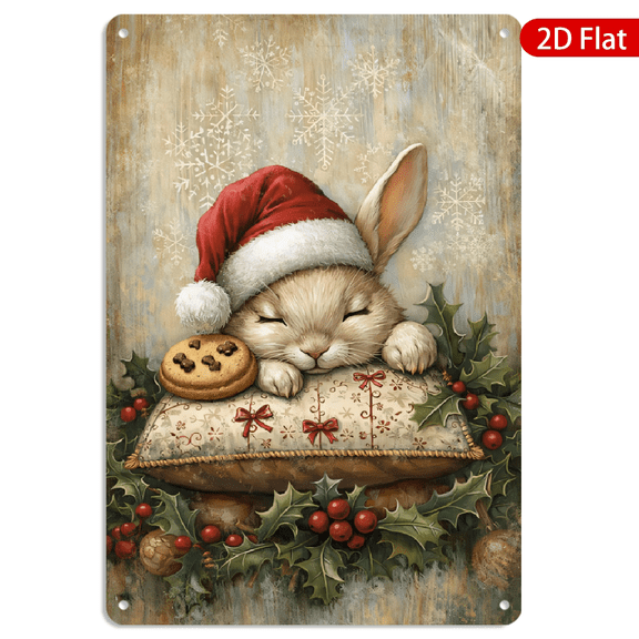 8x12 Inch Metal Wall Art Vintage Christmas Bunny Sleeping Santa Hat Tin Style Rectangular Farmhouse Decor 1pc for Home Living Room Kitchen