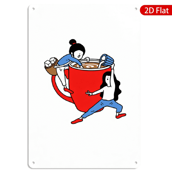 8x12 Inch Metal Wall Art Vintage Coffee Cartoon Characters Pouring into Mug Rectangular Tin Style Decor 1pc for Kitchen Cafe Home