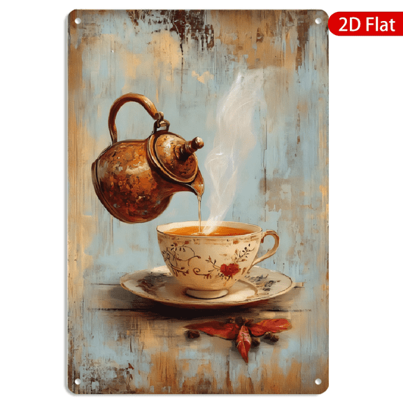 8x12 Inch Metal Wall Art, Vintage Copper Teapot and Floral Teacup Still Life Painting, Rustic Shabby Chic Decor for Kitchen Coffee Bar, 1pc