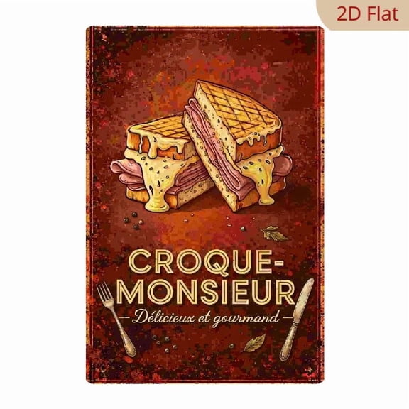 8x12 Inch Metal Wall Art, Vintage Croque Monsieur Sandwich Illustration Rustic Decor 1pc for Kitchen Dining Room Wall Decoration