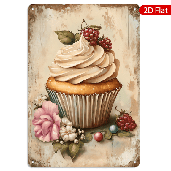 8x12 Inch Metal Wall Art, Vintage Cupcake Illustration with Floral Border Rustic Decor, Decorative Metal Sign for Kitchen and Dining Room 1pc