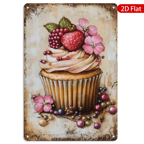8x12 Inch Metal Wall Art, Vintage Cupcake Illustration with Strawberries and Flowers, Decorative Tin Sign for Kitchen Dining Room 1pc