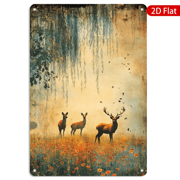 8x12 Inch Metal Wall Art, Vintage Deer and Wildflower Meadow Landscape Decor, Rustic Nature Themed Wall Sign for Home Living Room 1pc