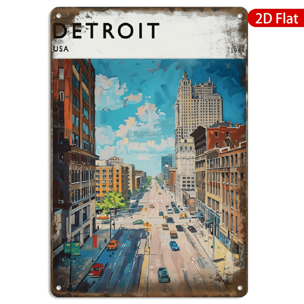 8x12 Inch Metal Wall Art, Vintage Detroit City Streetscape Illustration ...